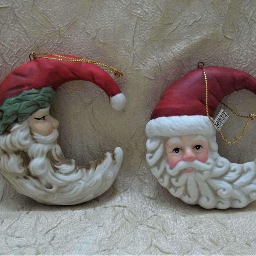 Santa Claus Half Moon Two Ceramic Christmas Holiday Ornaments Midwest Brand